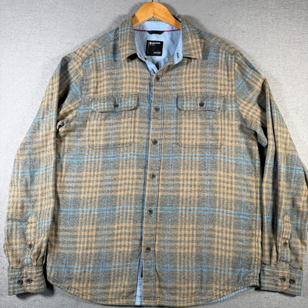 Marmot Mens Plaid‎ Flannel Shirt Jacket Beige Blue Size Large L Button Up Casual